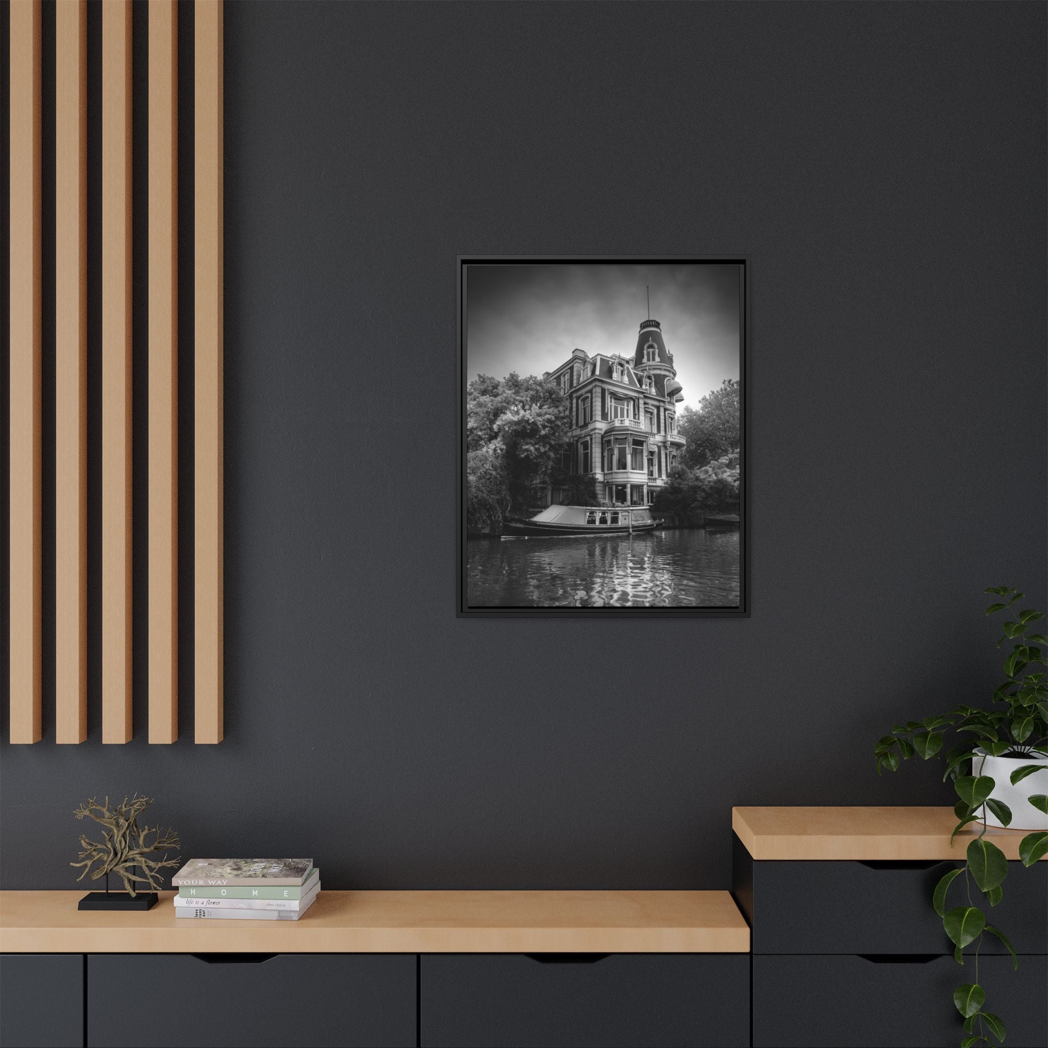 'House on the Quiet Canal' Black & White Matte Canvas Print (Framed)