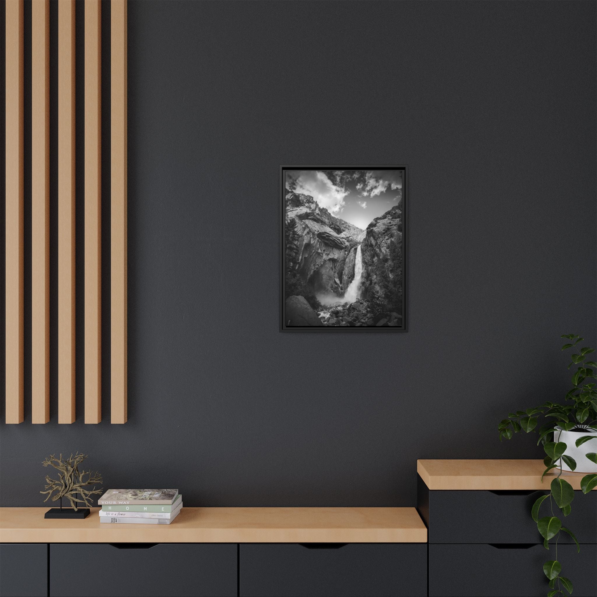 'Echoes Beneath the Cliff' Black & White Matte Canvas Print (Framed)