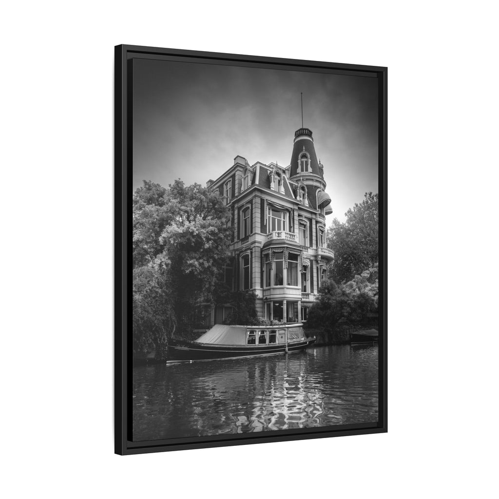 'House on the Quiet Canal' Black & White Matte Canvas Print (Framed)