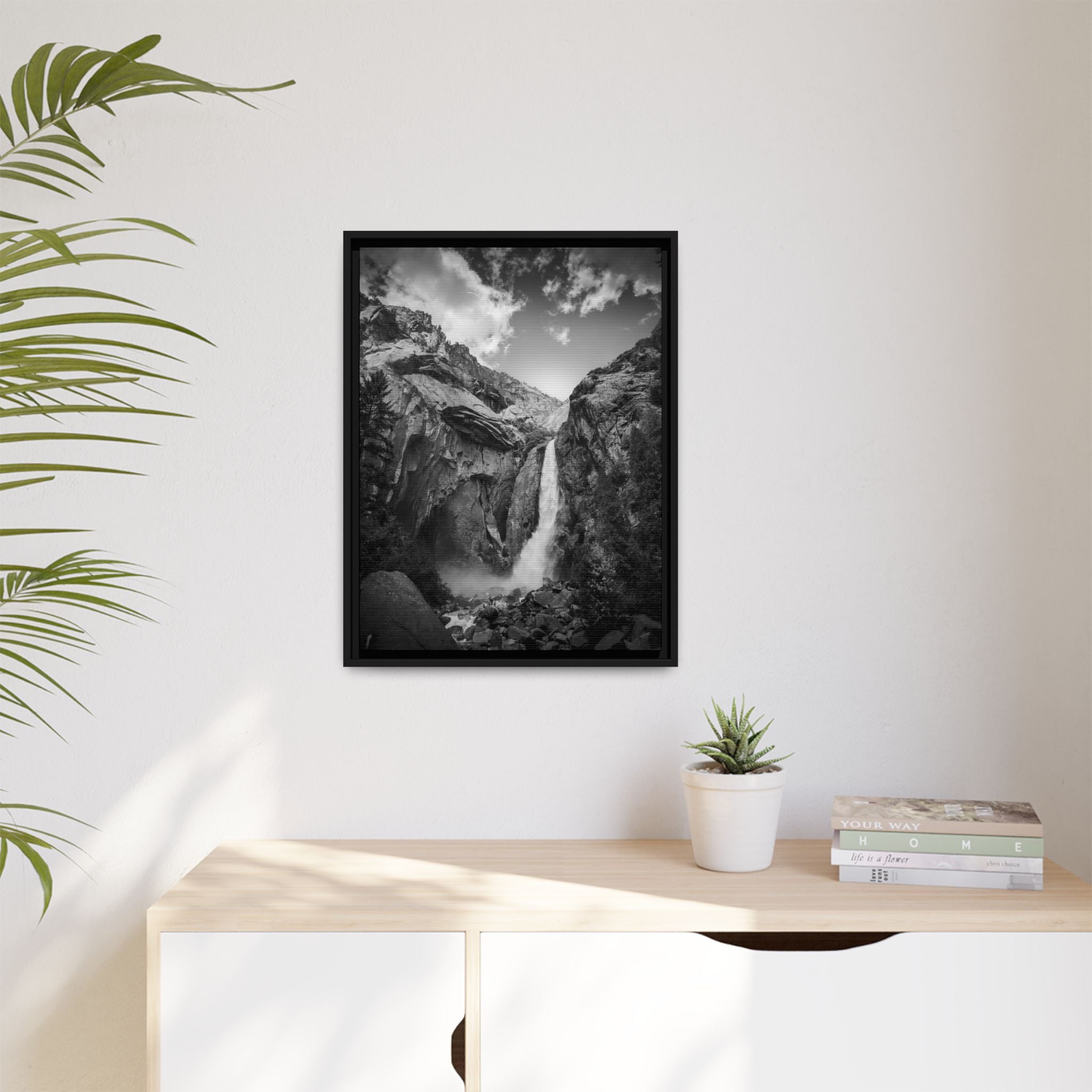 'Echoes Beneath the Cliff' Black & White Matte Canvas Print (Framed)