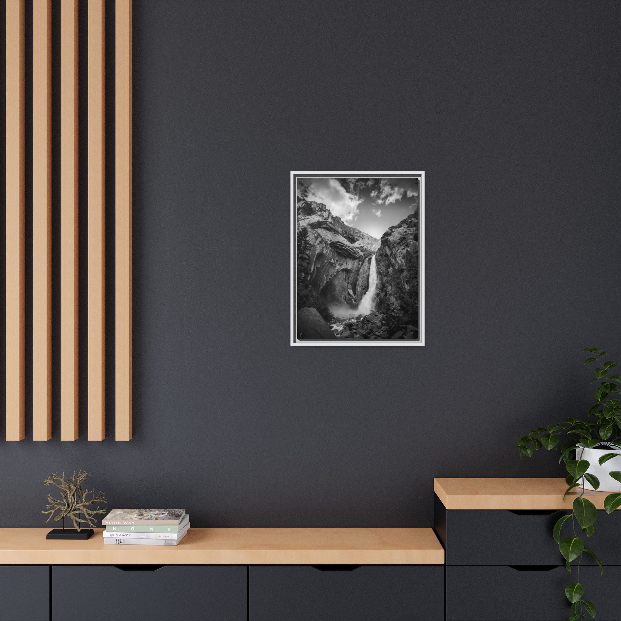 'Echoes Beneath the Cliff' Black & White Matte Canvas Print (Framed)