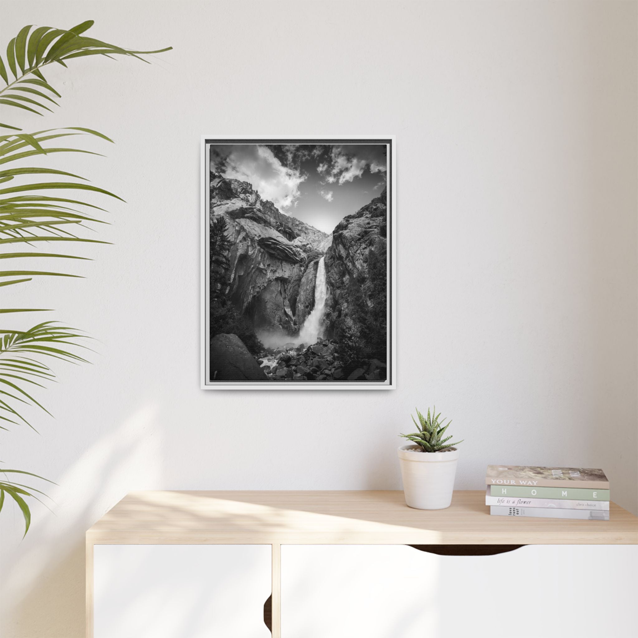 'Echoes Beneath the Cliff' Black & White Matte Canvas Print (Framed)