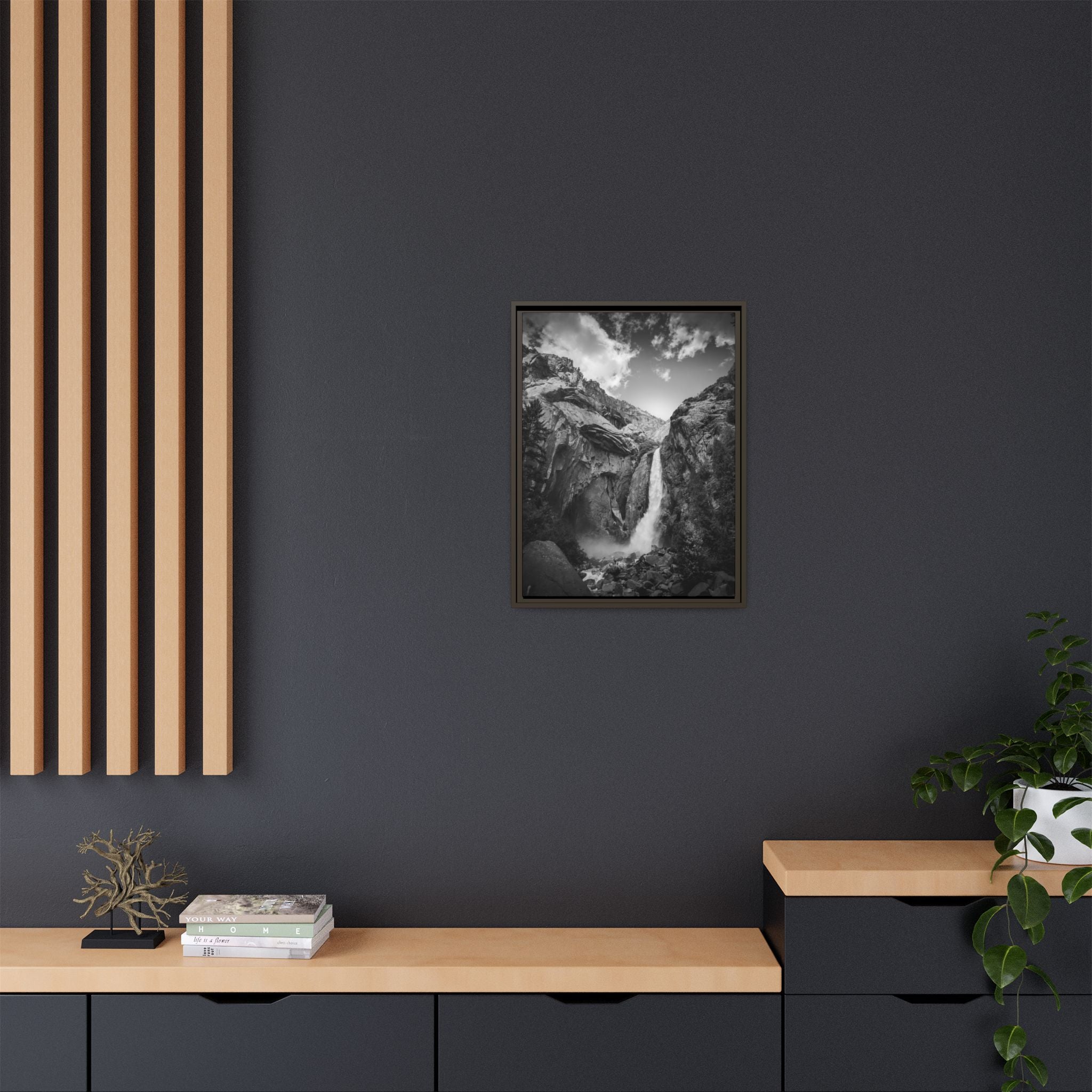 'Echoes Beneath the Cliff' Black & White Matte Canvas Print (Framed)