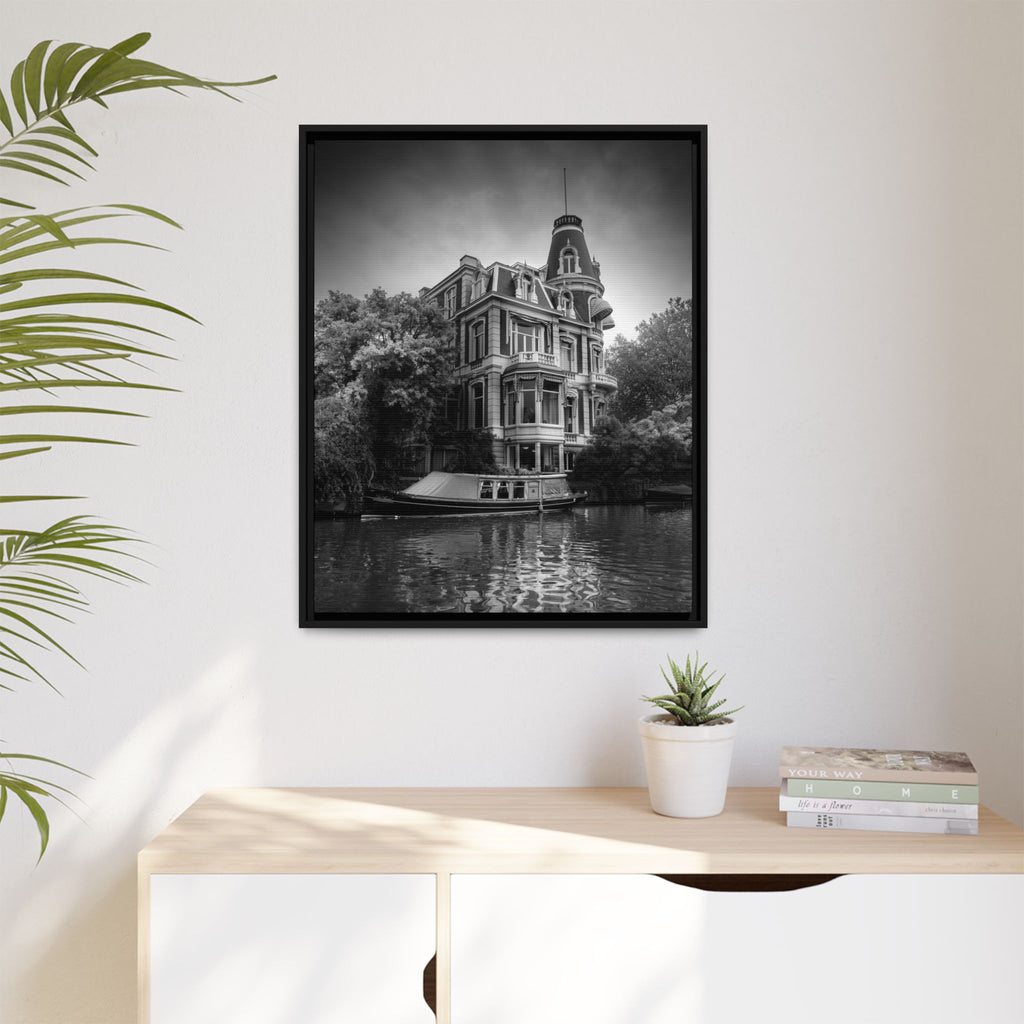 'House on the Quiet Canal' Black & White Matte Canvas Print (Framed)