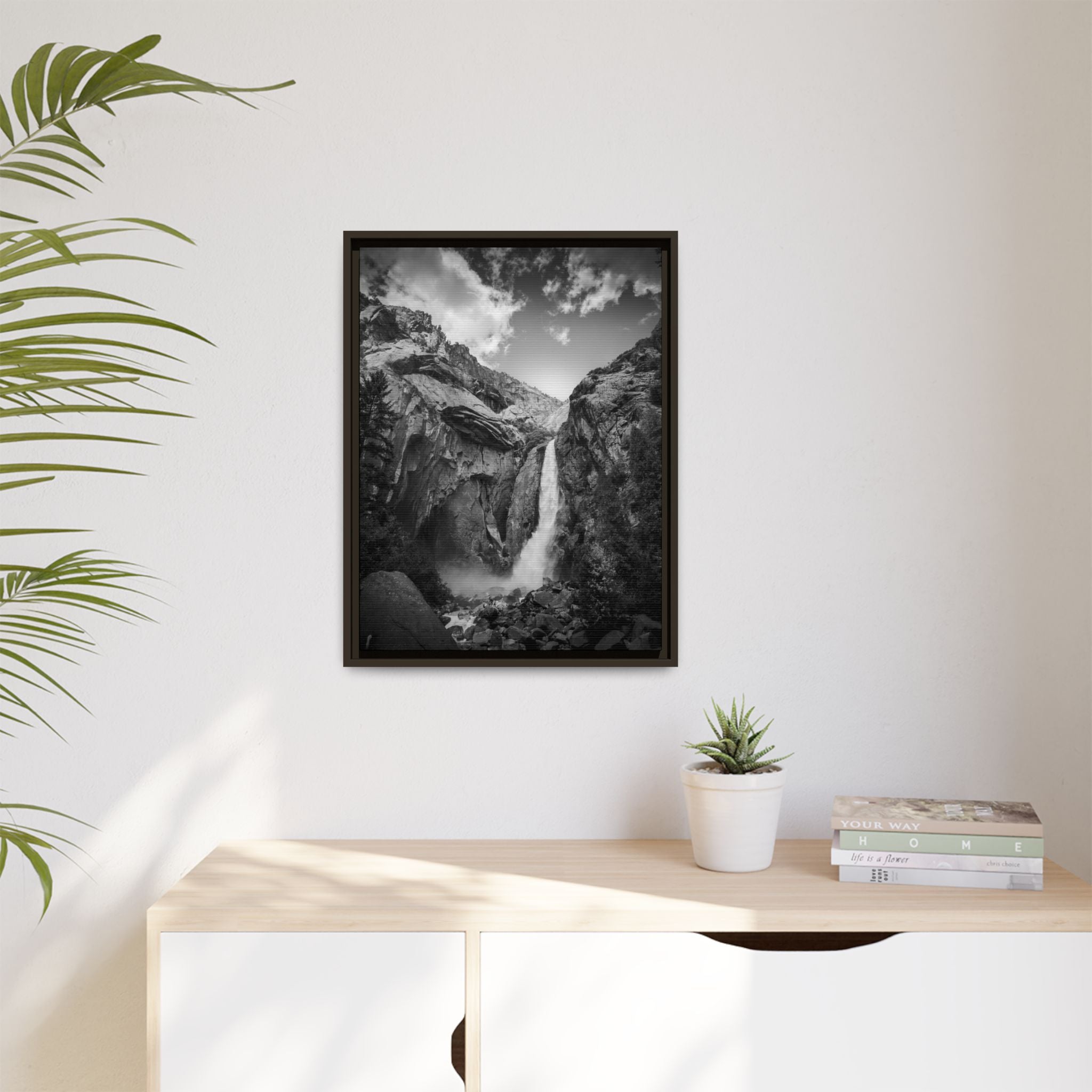 'Echoes Beneath the Cliff' Black & White Matte Canvas Print (Framed)